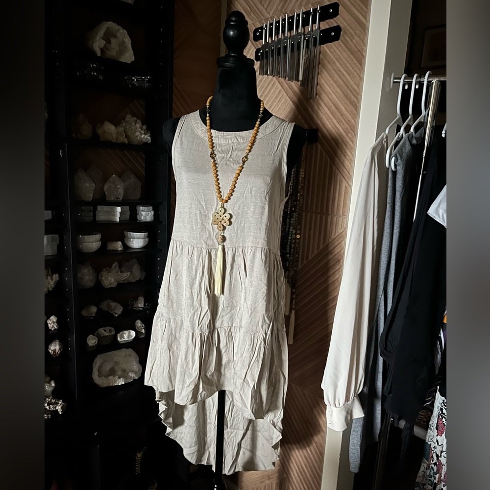 Light and Flowy Sleeveless Tiered Boho High Low Tan/ Cream Tunic Top